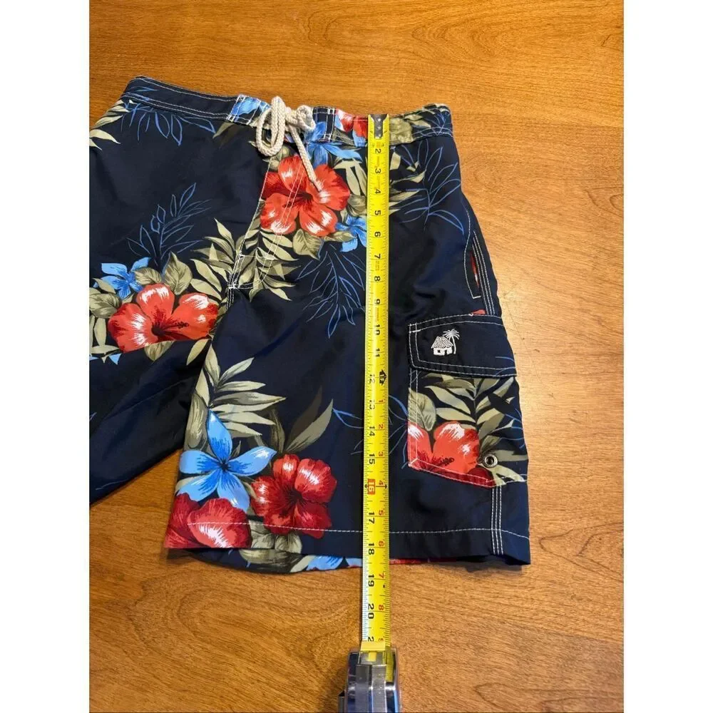 Caribbean Joe Men's Hawaiian Tropical Swim Board Shorts Dark Blue Size Medium